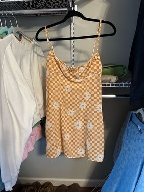 Checkerboard Daisy Cowl Neck mini dress